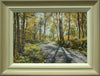 11.5 x 16.5 inch oil painting of a path in Wray Forest, with the sun piercing through trees on the right of centre, with some birch trees on the left foreground. Shows the frame with off-white inner, gradating to light grey outer colour.