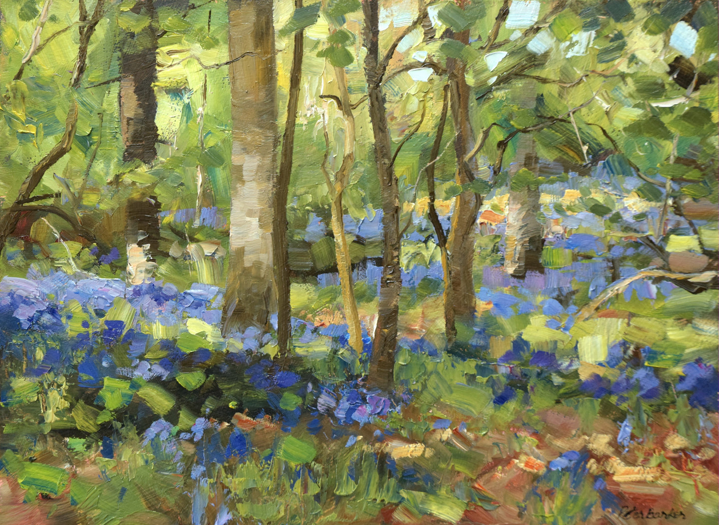 9 x 12 inch oil painting of Bluebells at Barnsdale Wood, painted in a very loose, impressionistic style.