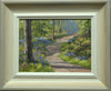 6 x 8 inch oil painting of a curling path at wakerley Wood, with Bluebells abounding on both sides, showing hand-finished grey outer to beige and off-white inner frame