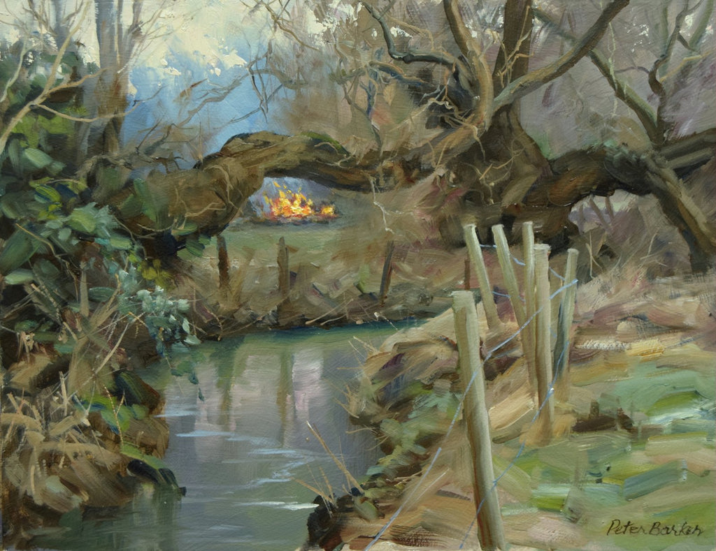 Landscape of old Willows, one of them half-falling over a stream, framing a bonfire in the field, with a stream running to the left foreground and fence posts on the right of centre.