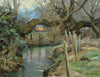 Landscape of old Willows, one of them half-falling over a stream, framing a bonfire in the field, with a stream running to the left foreground and fence posts on the right of centre.