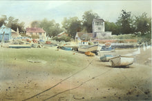 Load image into Gallery viewer, Quite a large 14 x 21 inch watercolour of Brancaster Staithe, with the watchtower right of centre with a line of trees behind, and lots of boats arranged on the hard foreground, with ropes taking the eye on a journey from the left foreground out to the right and around to the left. 
