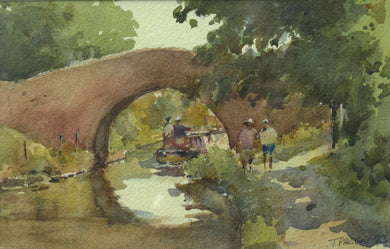6.5 x 10 inch watercolour of a hump-back bridge over the canal at Braunstone, with a narrowboat moving off just beyond the bridge, and two figures on the towpath on the right.