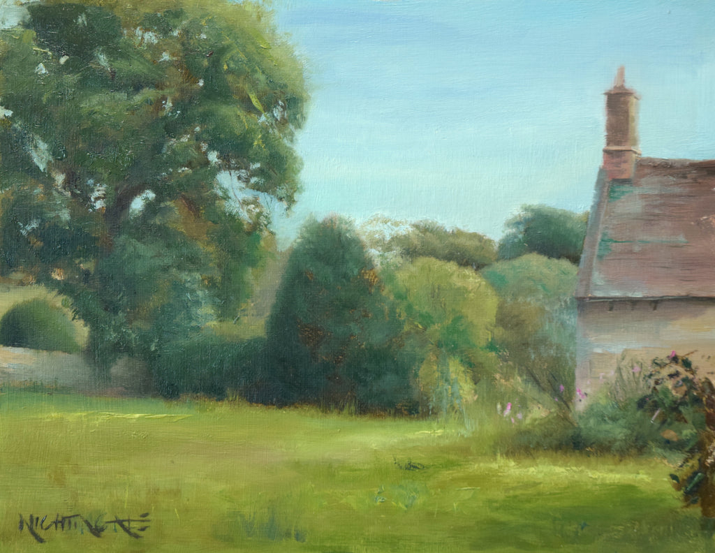 11x14 inch oil painting of the edge of the workman's cottage at Lyndon, on the right of the painting, with bushes and a large Oak tree on the left