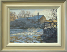 Load image into Gallery viewer, 12 x 17 inch oil of the River Nene by Water Newton Mill, with the water crashing through the millrace, frost abounding, looking straight into the morning sun, with some cottages on the far bank, with old Willows set against them. Some water vapour scrubbed over the water for effect. Sows rame with off white inner edge, gradating to light grey outer edge.
