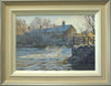 12 x 17 inch oil of the River Nene by Water Newton Mill, with the water crashing through the millrace, frost abounding, looking straight into the morning sun, with some cottages on the far bank, with old Willows set against them. Some water vapour scrubbed over the water for effect. Sows rame with off white inner edge, gradating to light grey outer edge.