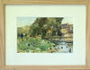 6.5 x 10 inch watercolour of the River Welland by a footbridge on Stamford Meadows, with stone buildings on the right, mature trees above the bridge, many figures milling about and lots of ducks on the gras and in the water. Also shows the frame with a plain Oak moulding and an ivory mount.