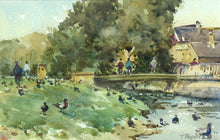 Load image into Gallery viewer, 6.5 x 10 inch watercolour of the River Welland by a footbridge on Stamford Meadows, with stone buildings on the right, mature trees above the bridge, many figures milling about and lots of ducks on the gras and in the water.
