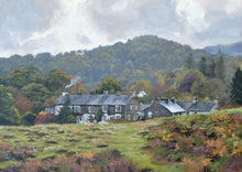 Load image into Gallery viewer, 10 x 14 inch oil painting of grey stone and slate cottages below brooding grey mountains at Elterwater in the Lake District, with smoke gently rising from a chimney on the left.
