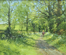 Load image into Gallery viewer, A 15.25 x 18.25 inch oil painting of a leafy bridleway, with Cow Parsley in flower, and a horserider and a dog moving away from the viewer.
