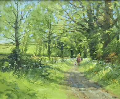 A 15.25 x 18.25 inch oil painting of a leafy bridleway, with Cow Parsley in flower, and a horserider and a dog moving away from the viewer.