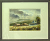 A 9 x 13 inch watercolour of Cuaig, near Applecross in the Highlands, featuring a farmhouse on the right and two iron-roofed barns, with mountains in the distance against a moody sky, and a wet-in-wet straw-coloured foreground with some fenceposts, also showing double ivory coloured mount and a warm grey frame.