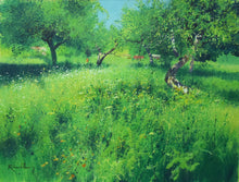 Load image into Gallery viewer, Vibrant green acrylic painting, with several Apple trees throwing dark shadows, with an assortment of huts at the back, with Cow Parsley in flower.
