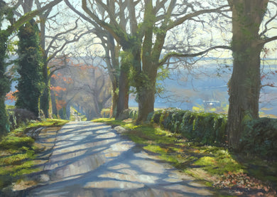 Large 20 x 28 inch oil of the road from Lyndon, down to Wing - tree-lined avenue at the end of Winter, with two people in the distance down the hill, and the distant hill and meadows appearing bright blue. 