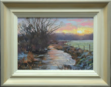 Load image into Gallery viewer, 9 x 12 oil painting of the rising sun above the River Welland at Duddington, painted in a very loose, impressionistic style, showinghand-finished frame with off-white inner, gradating to beige and grey outer frame.

