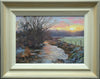 9 x 12 oil painting of the rising sun above the River Welland at Duddington, painted in a very loose, impressionistic style, showinghand-finished frame with off-white inner, gradating to beige and grey outer frame.