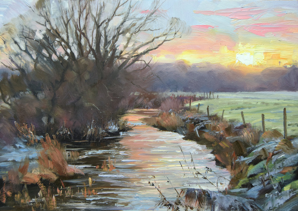 9 x 12 oil painting of the rising sun above the River Welland at Duddington, painted in a very loose, impressionistic style.