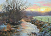 9 x 12 oil painting of the rising sun above the River Welland at Duddington, painted in a very loose, impressionistic style.