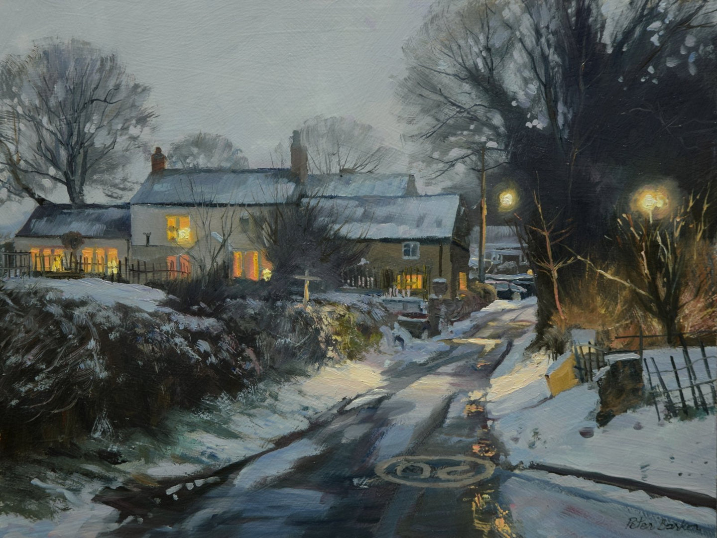 oil painting of Pinfold Lane in South Luffenham, looking uphill to a group of cottages with their lights on, and glowing street lamps in the low light of dusk, with snow on the roofs and on the hedgerows.