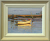 9 x 12 inch oil painting of a white-hulled boat on the water, glowing yellow in the late Winter sunshine, with a high horizon. Shows the buff coloured frame with a grey outer edge and off-white inner slip.