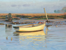 Load image into Gallery viewer, 9 x 12 inch oil painting of a white-hulled boat on the water, glowing yellow in the late Winter sunshine, with a high horizon.
