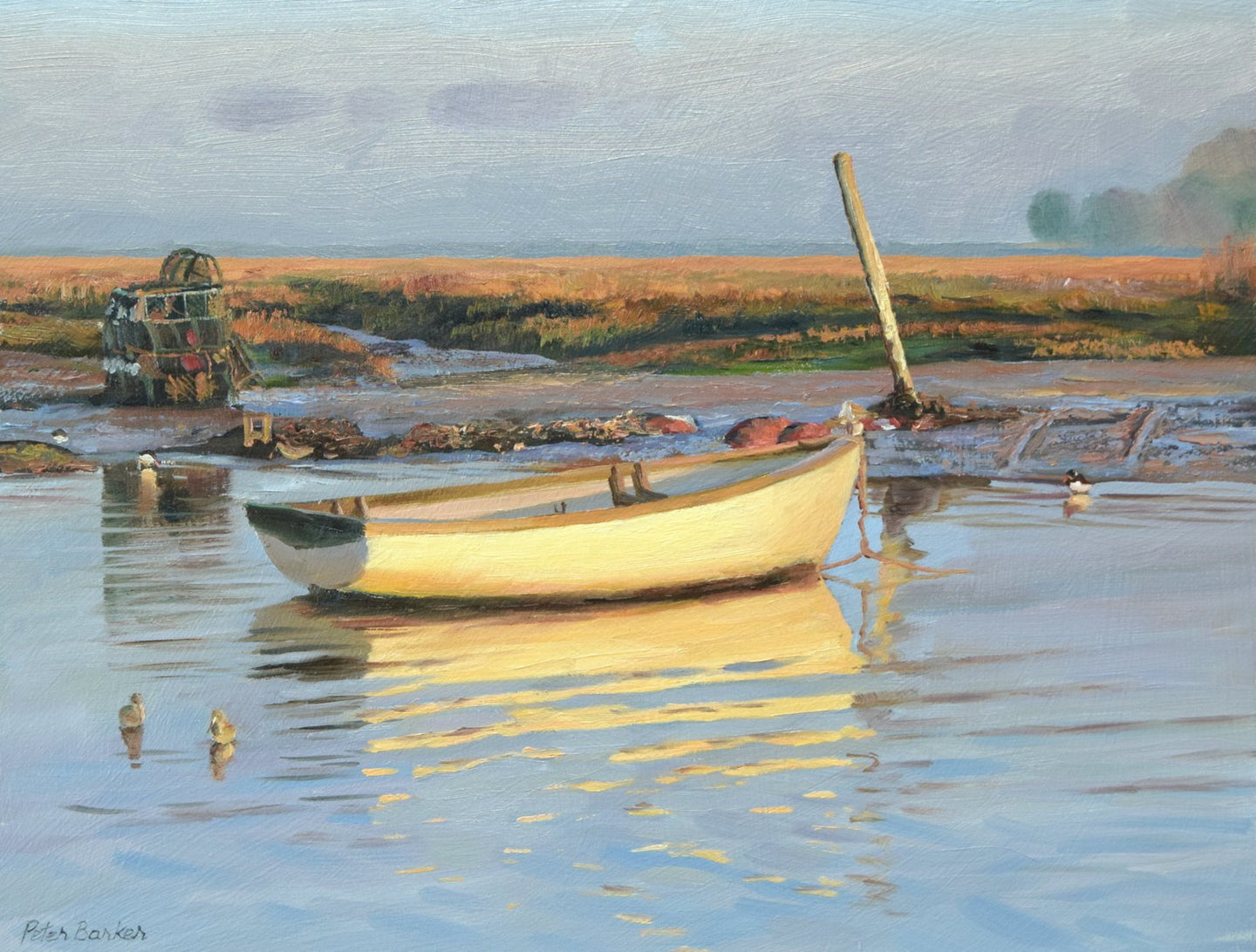 9 x 12 inch oil painting of a white-hulled boat on the water, glowing yellow in the late Winter sunshine, with a high horizon.