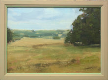 Load image into Gallery viewer, 8 x 11.75 inch oil painting, with Oak tree on the right, looking across the stubble field and over the Chater Valley to Wing Village in the distance. Shows the narrow, ochre-coloured frame.
