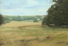 Load image into Gallery viewer, 8 x 11.75 inch oil painting, with Oak tree on the right, looking across the stubble field and over the Chater Valley to Wing Village in the distance.
