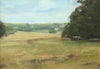 8 x 11.75 inch oil painting, with Oak tree on the right, looking across the stubble field and over the Chater Valley to Wing Village in the distance.