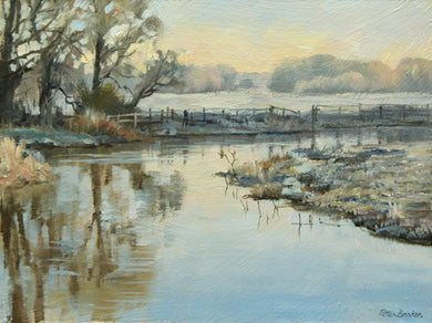 Small 6 x 8 inch oil of the river Nene at Castor, painted loosely, with distant trees, bank of nearer trees on the left and frosted grass, with reflections of the trees and clear sky in the water