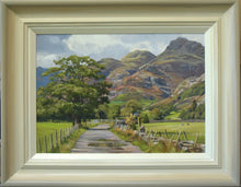 Load image into Gallery viewer, 10 x 14 inch oil painting of a track through Great Langdale in the Lake District, with a large Oak tree on the left and distant blueish mountains ahead, showing hand-finished grey outer to beige and off-white inner frame
