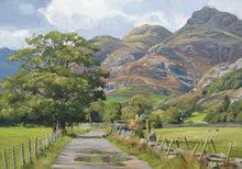 Load image into Gallery viewer, 10 x 14 inch oil painting of a track through Great Langdale in the Lake District, with a large Oak tree on the left and distant blueish mountains ahead
