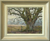Portrait of a huge oak tree, set on the right side of the painting, with bank of grey distant trees, set on a dull day. Lots of twisted branches radiating out. Also shows the frame with a greyish outer edge and off-white inner edge.