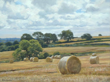 Load image into Gallery viewer, 9 x 12 inch oil of round bales of straw on a hill sloping down from right to left, with distant trees and some nearer trees in the middle distance.
