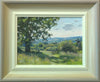 6 x 8 inch oil of Haymeadows at Wing, looking downhill, with distant blue hills, a mature Oak tree in the left foreground and an open gate beyond. Shows hand-finished frame, with gradated colours from off-white inner to beige/grey outer.