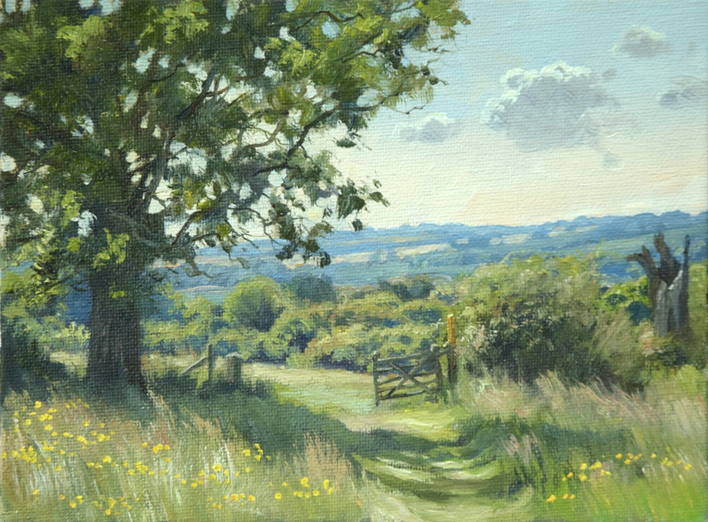 6 x 8 inch oil of Haymeadows at Wing, looking downhill, with distant blue hills, a mature Oak tree in the left foreground and an open gate beyond.
