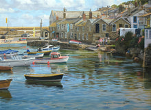 Load image into Gallery viewer, 22 x 30 inch oil painting of many boats on the water in Mousehole harbour at high tide, with all the stone houses around the harbour wall and figures talking together.
