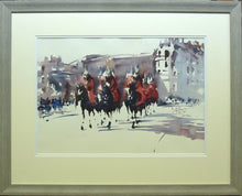 Load image into Gallery viewer, Super wet-in-wet watercolour by Trevor Lingard, with horses and red-clad soldiers parading on Horse Guards Parade, showing grey frame with ivory and white double mount

