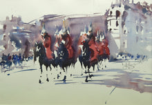 Load image into Gallery viewer, Super wet-in-wet watercolour by Trevor Lingard, with horses and red-clad soldiers parading on Horse Guards Parade

