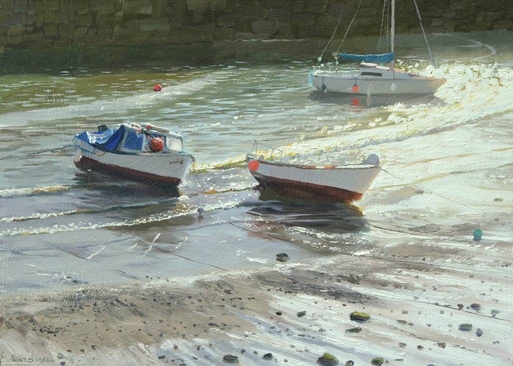 10 x 14 inch Oil painting, looking straight into the sun, with three dinghies about to lift off the sparkling muddy foreshore as the gentle breakers roll in, with the dark harbour wall on the high horizon.