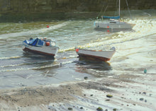 Load image into Gallery viewer, 10 x 14 inch Oil painting, looking straight into the sun, with three dinghies about to lift off the sparkling muddy foreshore as the gentle breakers roll in, with the dark harbour wall on the high horizon.
