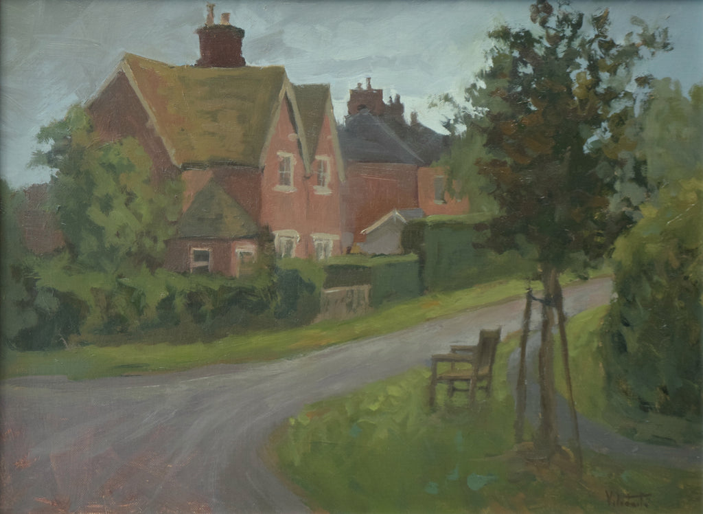 12 x 16 inch oil painting of brick cottages in Lyndon village, on an overcast afternoon, with s bench on the grass verge in the right foreground.