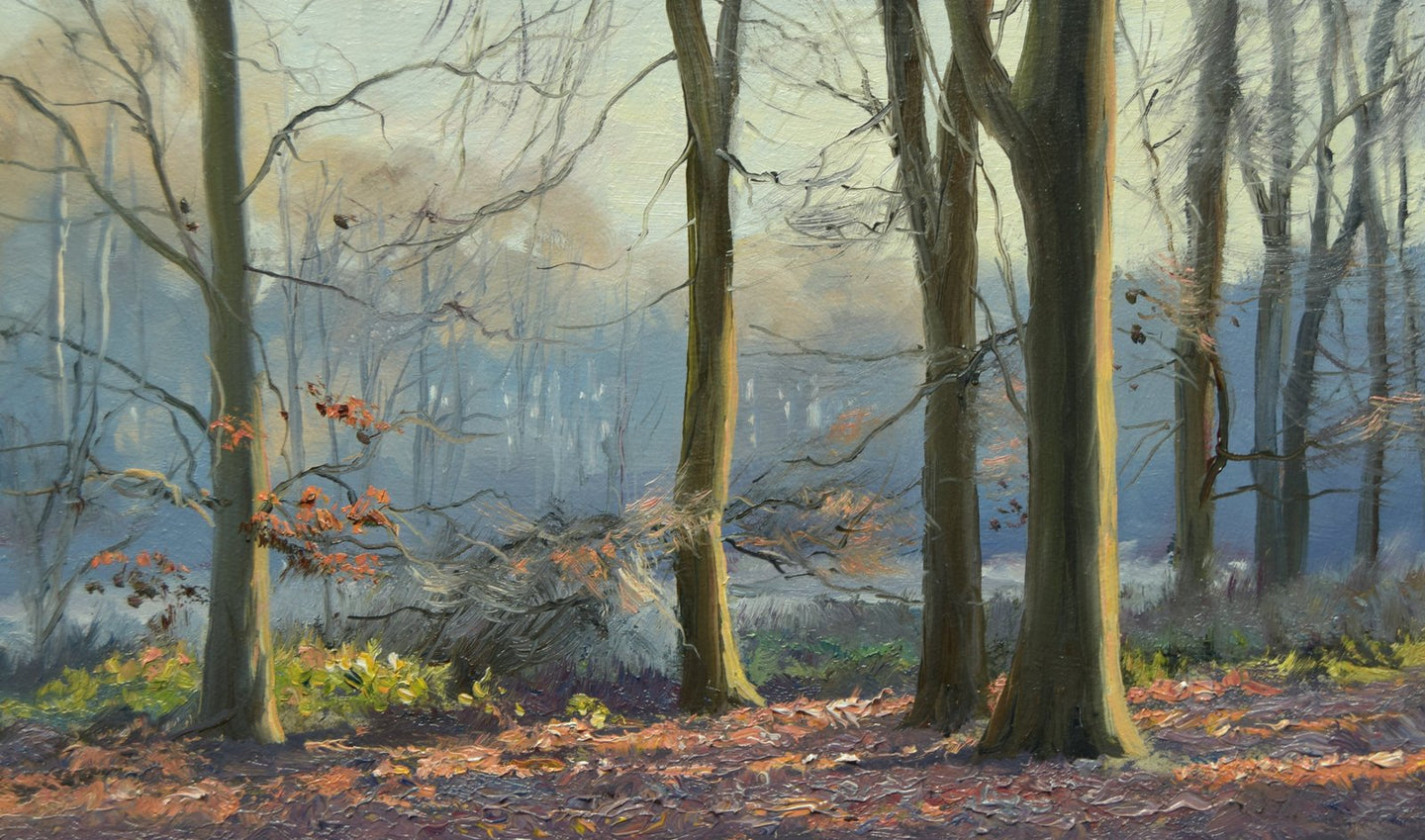 Small woodland landscape with group of Beech trees and a carpet of leaves, with distant blue trees  in the background