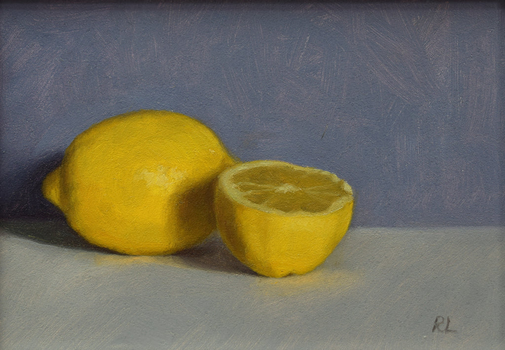 Lemons with Blue Cloth, by Rosemary Lewis