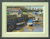 10 x 14 inch oil painting of boats at Porlock Weir, with a barn and the harbour wall on left, with boats arranged around the foreground and middle-distance. Sunlit mudbank from the bright sunlight from our left and behind. Framed with a wide plain cream inner slip frasme and a thin, charcoal outer moulding