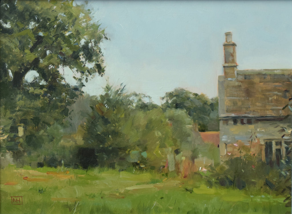 12 x 16 inch oil painting of an old cottage on the right of the picture, foreground grass and many trees as a backdrop, with a large oak tree on the left.
