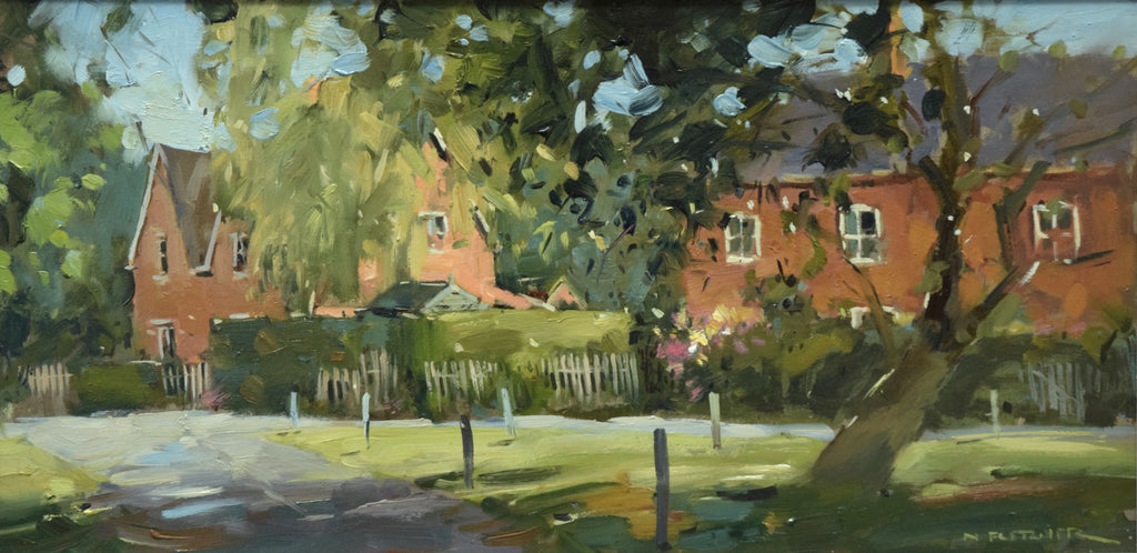 8 x 16 inch Oil painting of the brick cottages at Lyndon on the road down to Wing. Beautifully painted with thick brushtrokes of paint, perfectly described. Tree in the right foreground and wooden posts around the small green on which it grows.