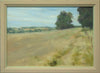 8 x 11.75 inch oil painting of a stubble field at Lyndon, with mature Oak trees on the right middle distance, with a track and fence posts leading into the picture on the right. Shows the narrow , ochre-painted frame.