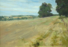 Load image into Gallery viewer, 8 x 11.75 inch oil painting of a stubble field at Lyndon, with mature Oak trees on the right middle distance, with a track and fence posts leading into the picture on the right.

