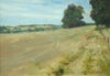 8 x 11.75 inch oil painting of a stubble field at Lyndon, with mature Oak trees on the right middle distance, with a track and fence posts leading into the picture on the right.